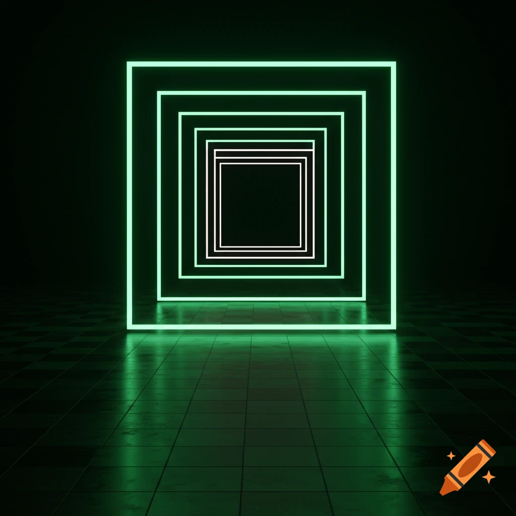 Glowing green and white square frames receding into a dark, reflective tiled room with green highlights.