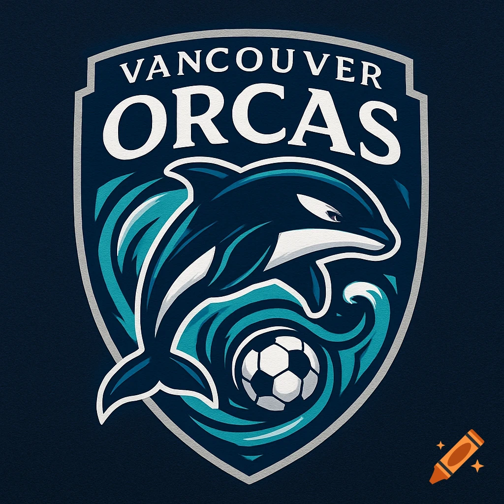 A professional soccer club logo for the Vancouver Orcas, featuring a dynamic orca whale jumping over a soccer ball within a shield crest with waves.