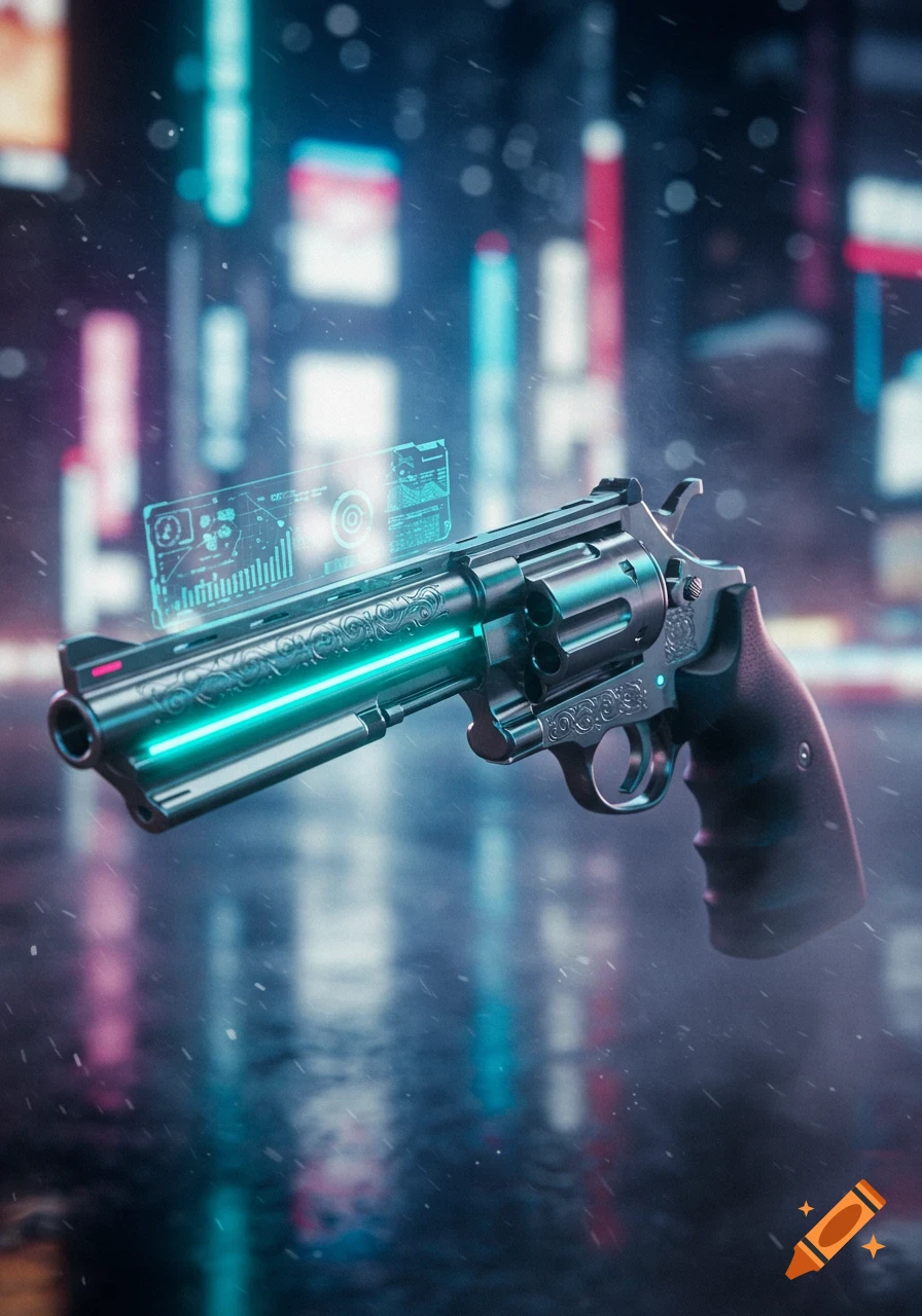 A futuristic revolver with a glowing barrel and holographic display floats in a rainy cyberpunk city at night.