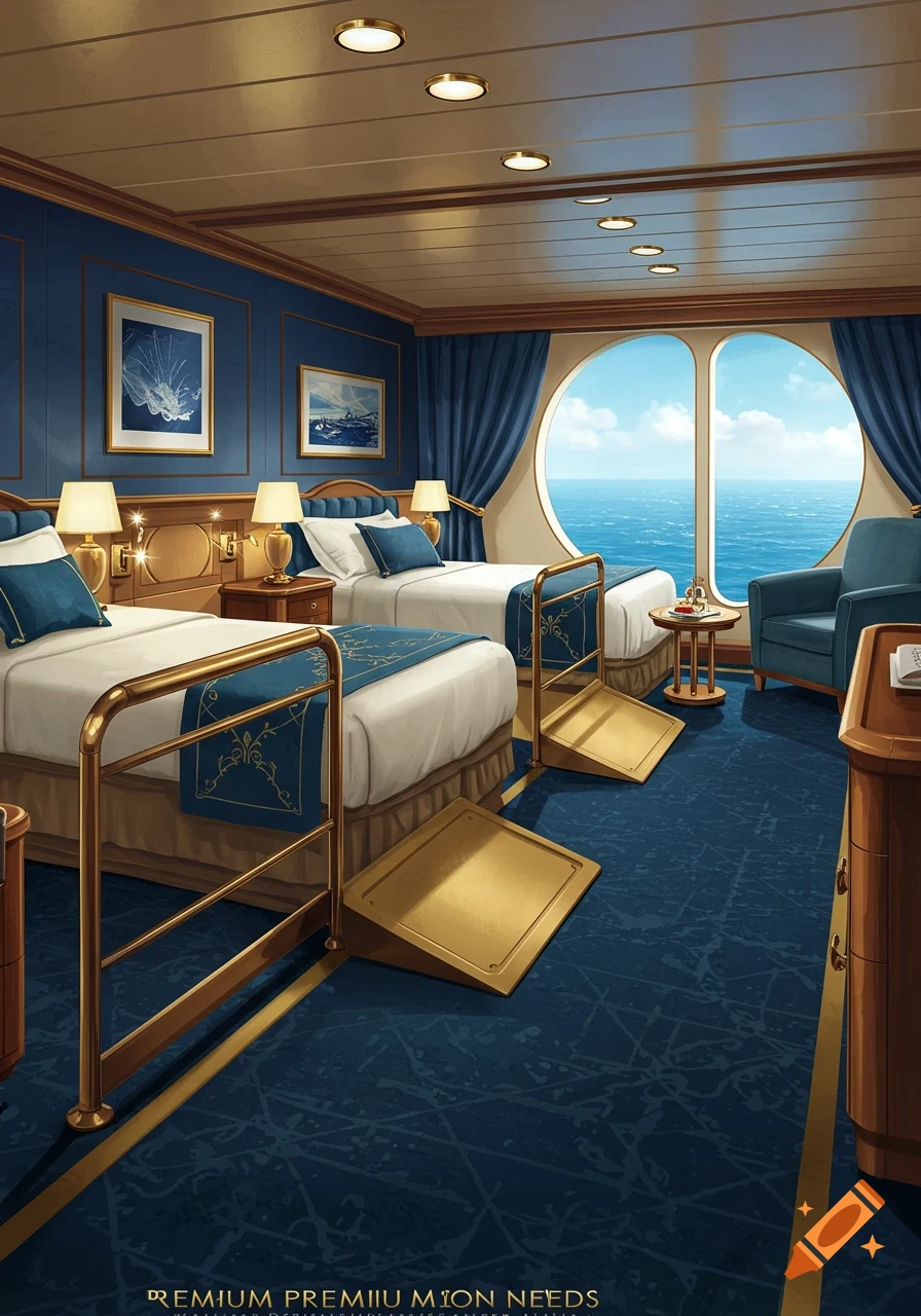 A blue and gold premium cruise ship room designed for elderly mobility, featuring two beds with railings, ramps, and a large window overlooking the ocean.