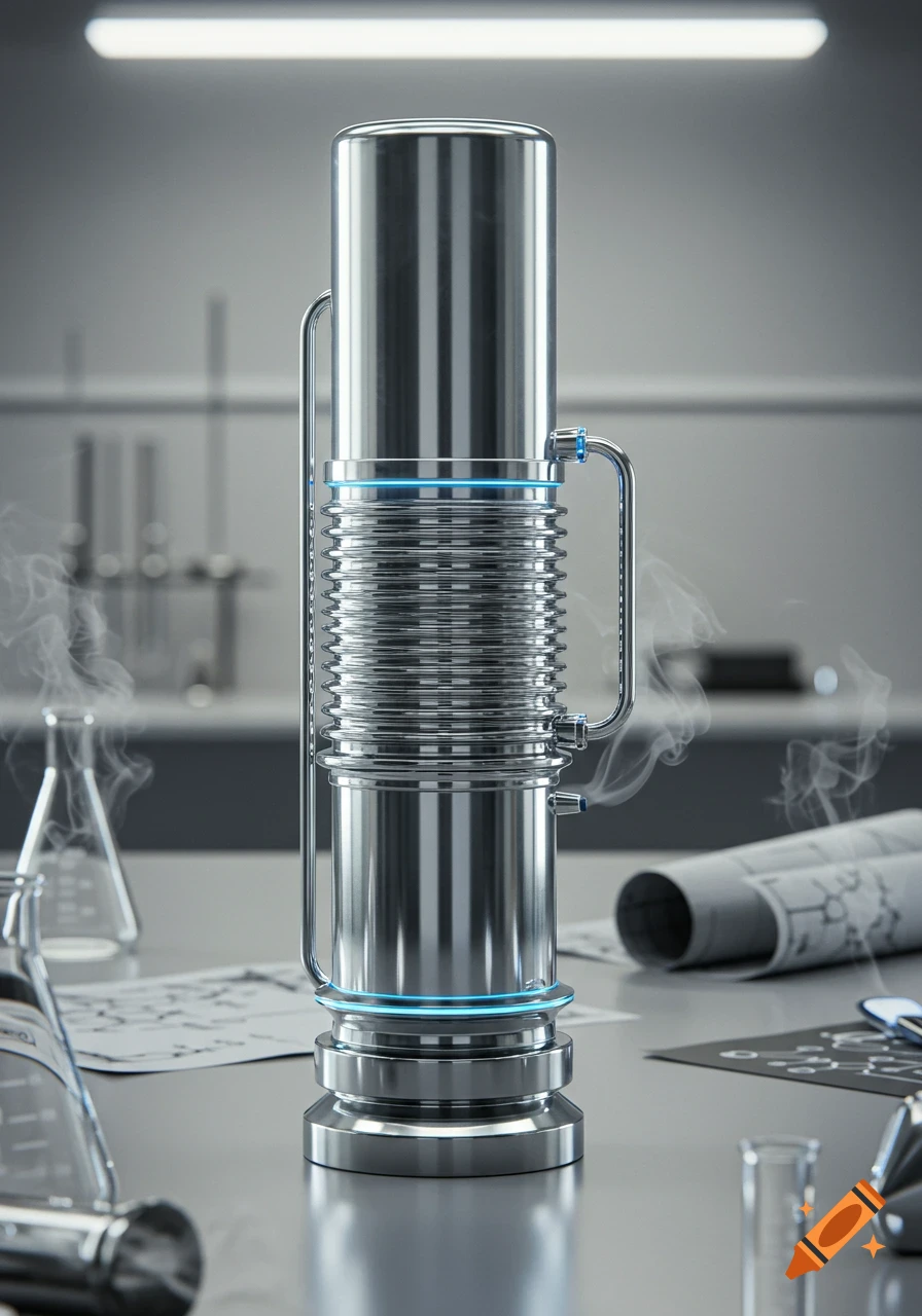 A photorealistic metallic condenser with blue glowing accents emits vapor in a laboratory setting with beakers and blueprints.