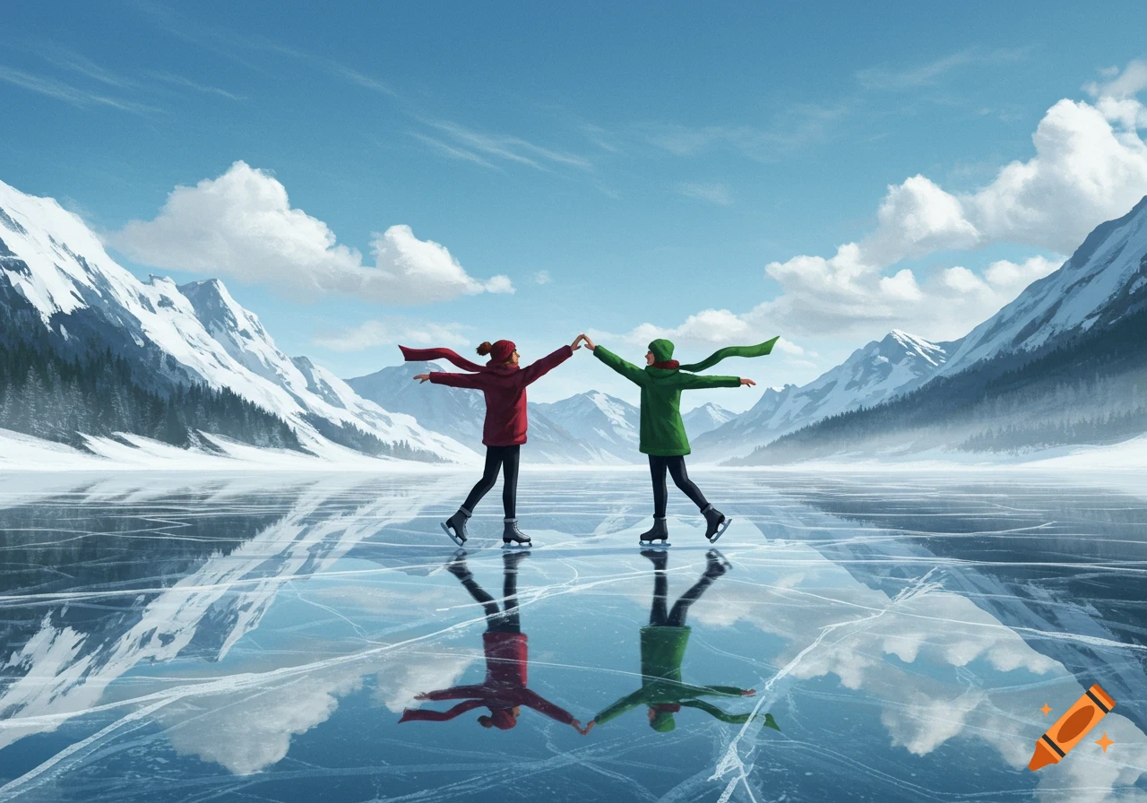 Two people ice skate hand-in-hand on a frozen lake surrounded by snowy mountains under a clear blue sky, with reflections on the ice.
