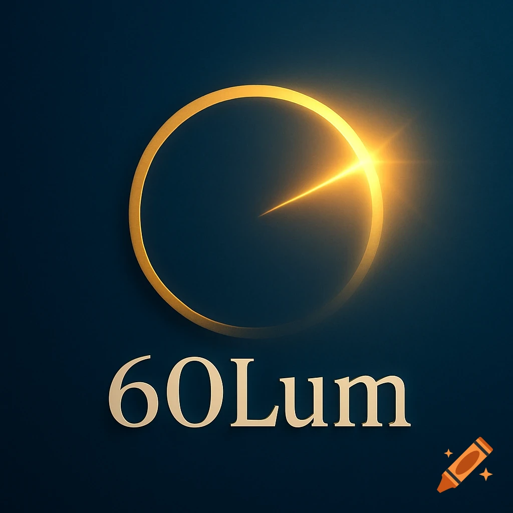 A golden circular logo with a luminous yellow arc and light ray on a deep blue background, with the text '60Lum' below.