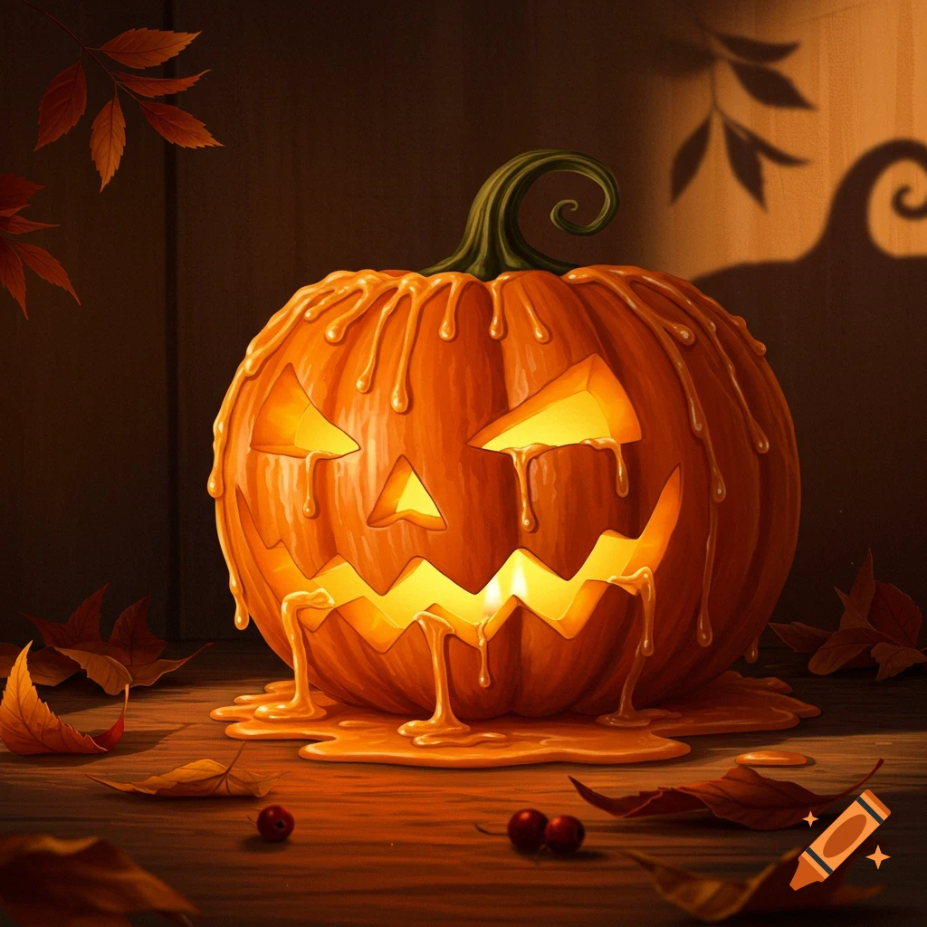 A glowing, melted wax jack-o'-lantern with autumn leaves on a wooden surface.