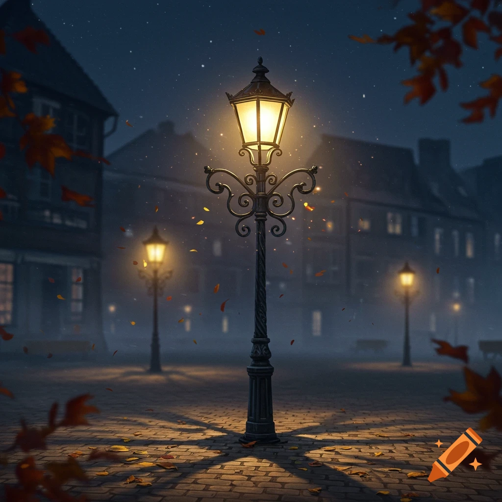 An old ornate streetlamp brightly illuminates a cobbled street at night, with autumn leaves falling and other distant streetlights in a misty, dark town.
