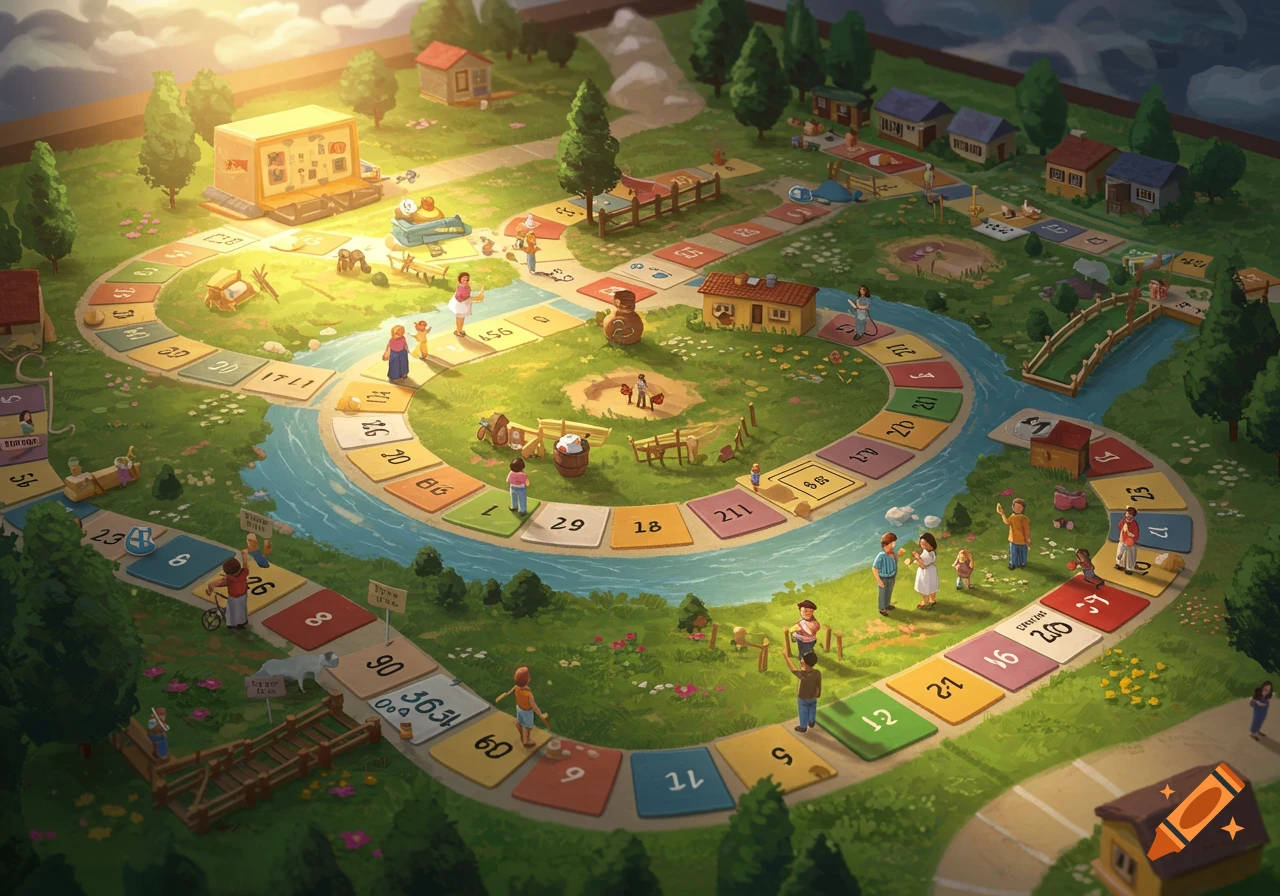 An idyllic, isometric illustration of a "Game of Life" style board game set in a pastoral landscape with a winding path, houses, trees, and small characters playing the game.