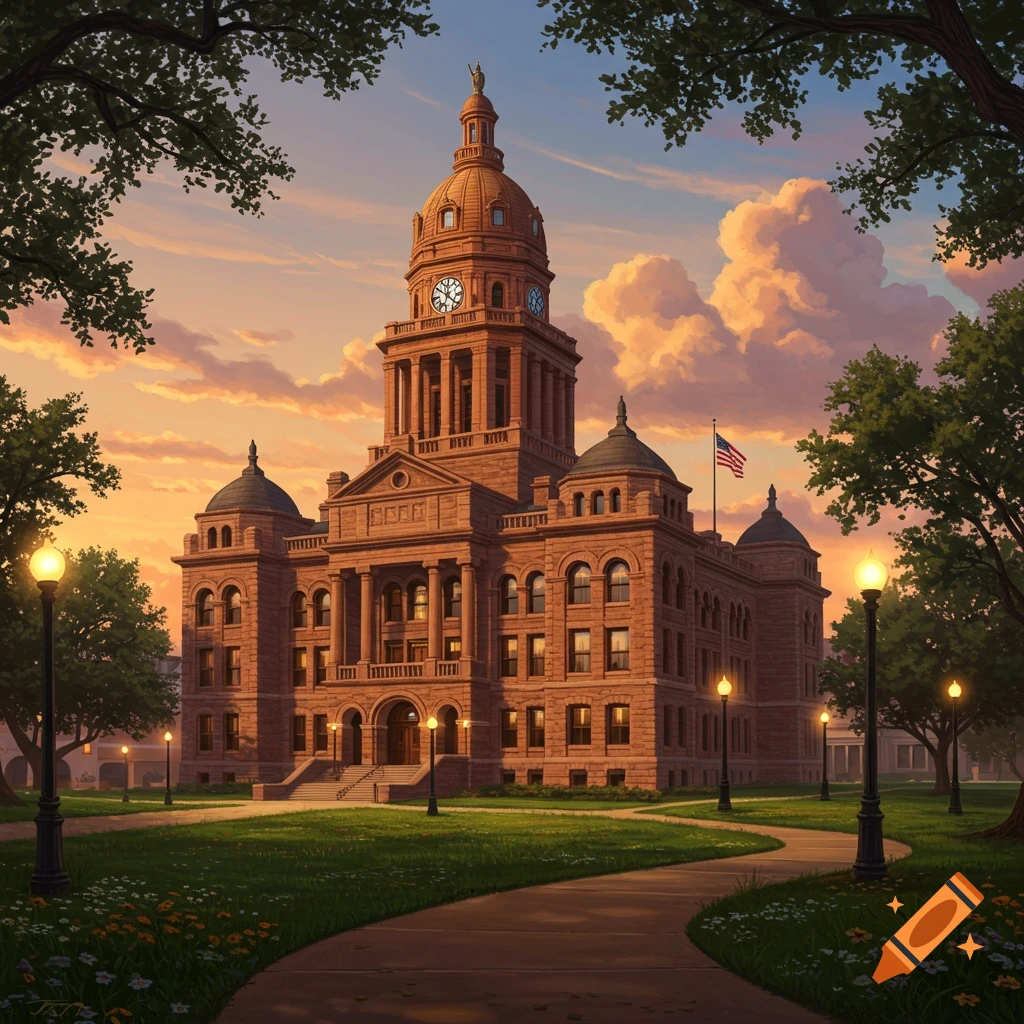 Grand stone courthouse with a clock tower and dome, surrounded by lawns and trees under a vibrant sunset sky.