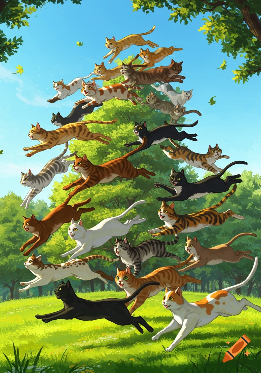 A vibrant illustration of a large wave of many different colored cats running and leaping upwards against a blue sky and green trees.