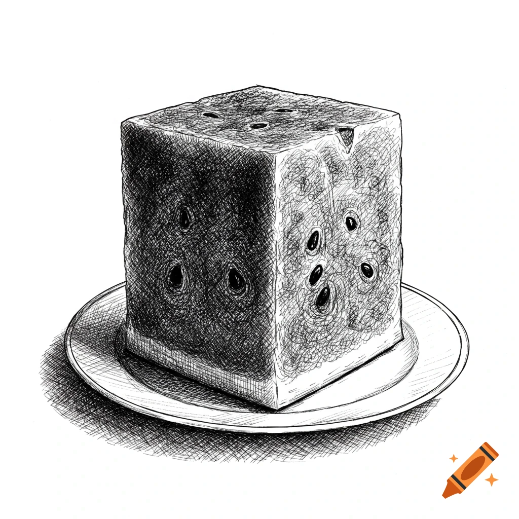 Pen sketch of a square watermelon with seeds resting on a notched round plate.