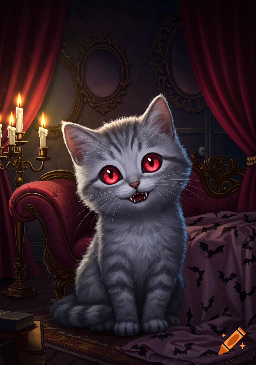 A cute gray tabby kitten with glowing red eyes and tiny fangs sits in a dark, gothic room with red velvet furniture and candles, a blanket with bat patterns nearby.