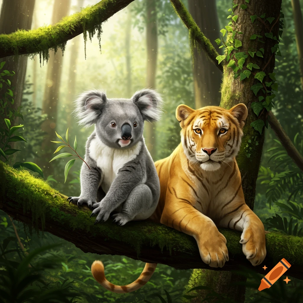 A gray koala and a golden tiger sit together on a mossy tree branch in a sunlit, lush forest, digital art.