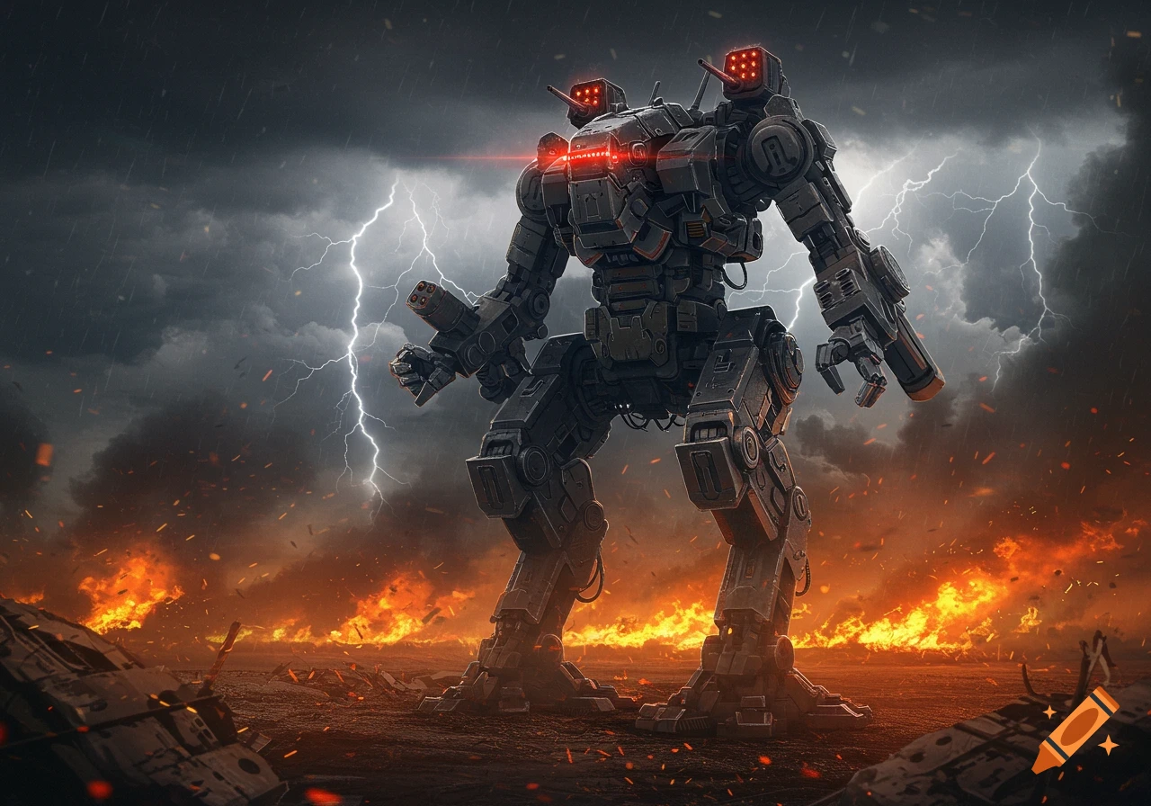 A powerful war robot with glowing red eyes stands in a fiery, storm-swept wasteland with lightning in the dark sky.