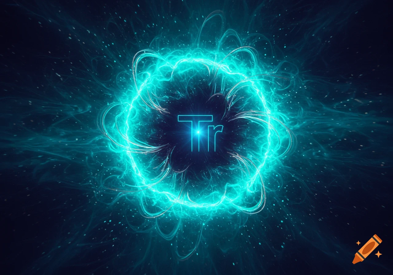 Glowing cyan energy sphere with 'Tr' in the center against a dark, starry background.