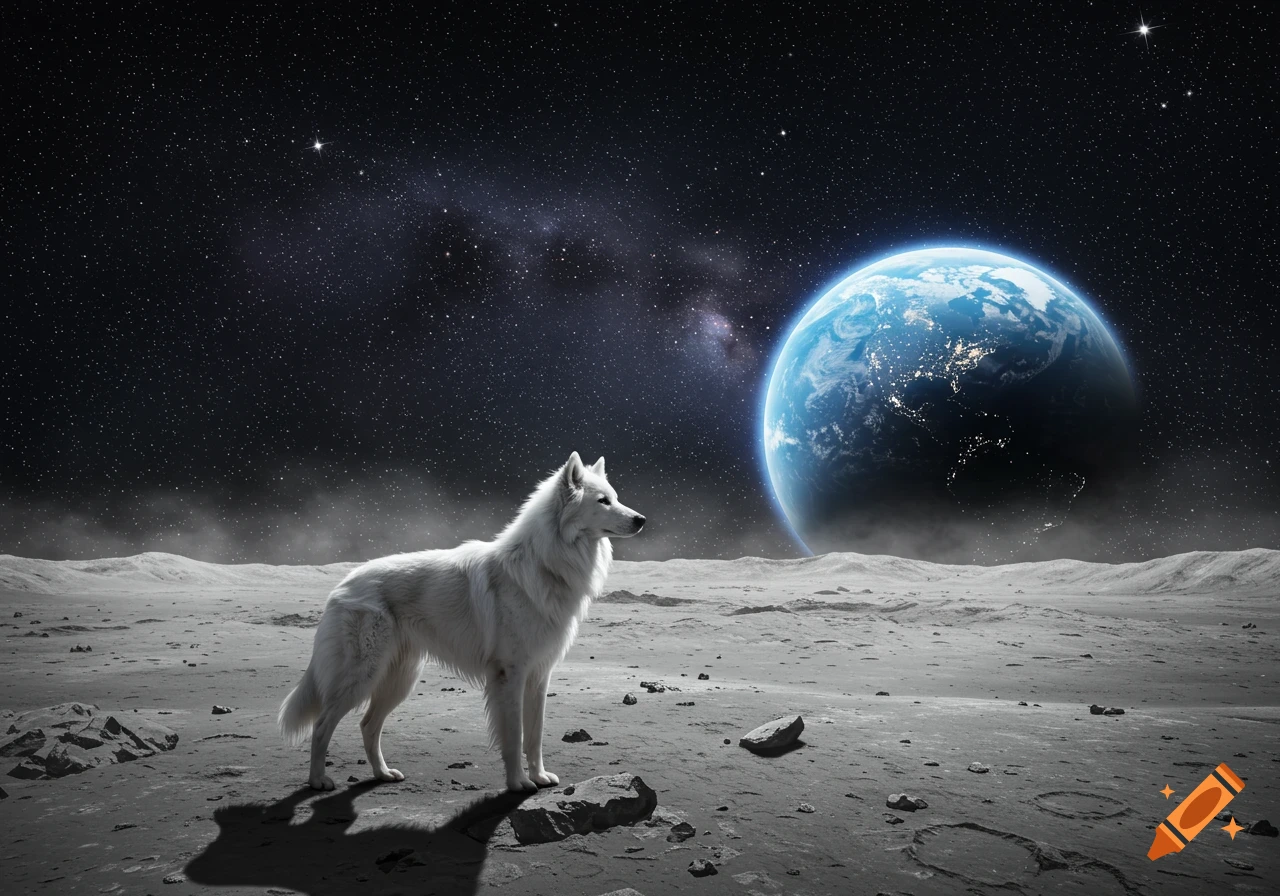 A white wolf stands on the cratered surface of the moon, looking towards a brightly lit Earth in the starry dark sky.