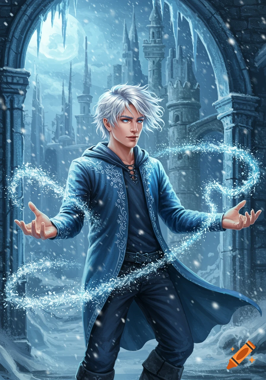 A young man with white hair in a blue coat casts ice magic in a snowy medieval fantasy ice castle setting.