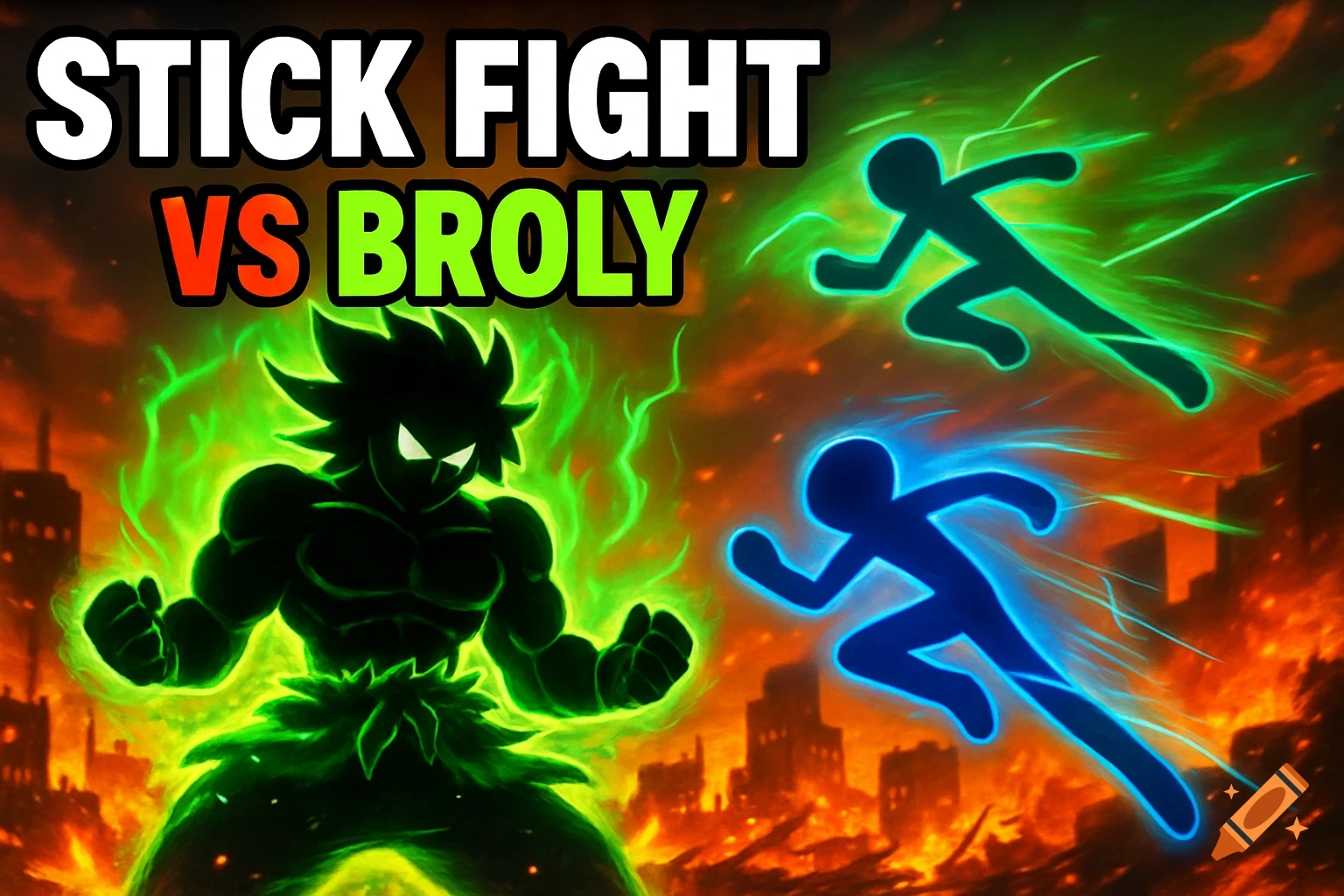 A giant green glowing Broly-inspired stickman fights two smaller stickmen in a fiery city, with 'STICK FIGHT VS BROLY' text above.