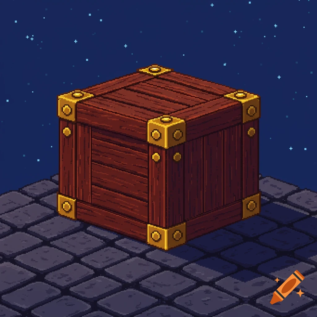 A pixel art wooden box with gold corners sits on a stone block floor under a dark, starry night sky.