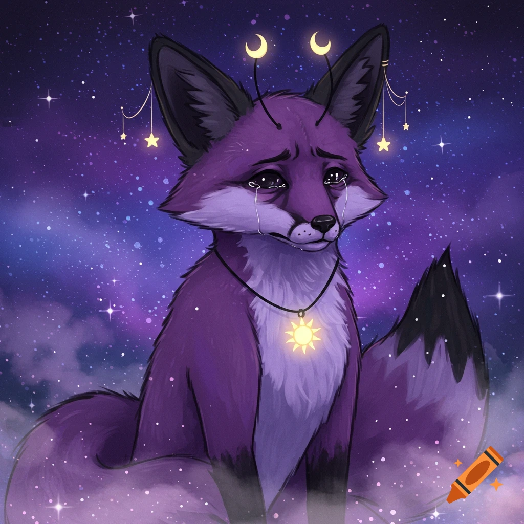 A cartoony purple fox with a glowing sun charm necklace and celestial antennae cries under a starry, purple night sky.