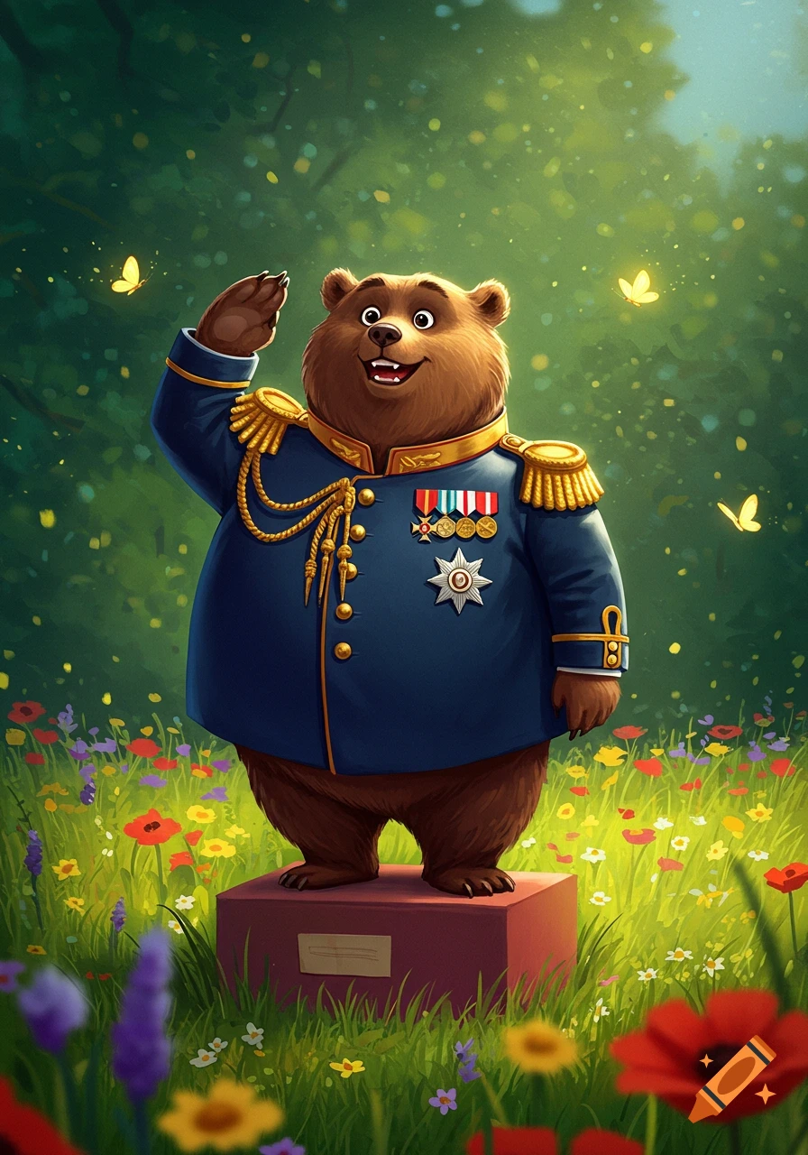 A jovial, plump brown cartoon bear in a blue general's uniform with gold epaulets and medals salutes from a red pedestal in a vibrant field of colorful flowers with butterflies.