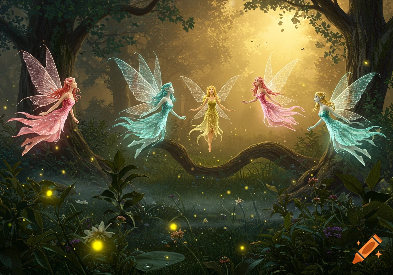 Five colorful fairies with glowing wings float in a sunlit, magical forest with fireflies.