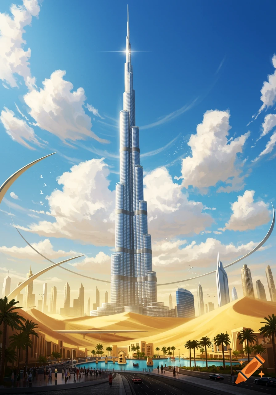 The iconic Burj Khalifa skyscraper towers over a stylized desert city with palm trees, a lagoon, and other buildings under a bright blue sky with clouds.