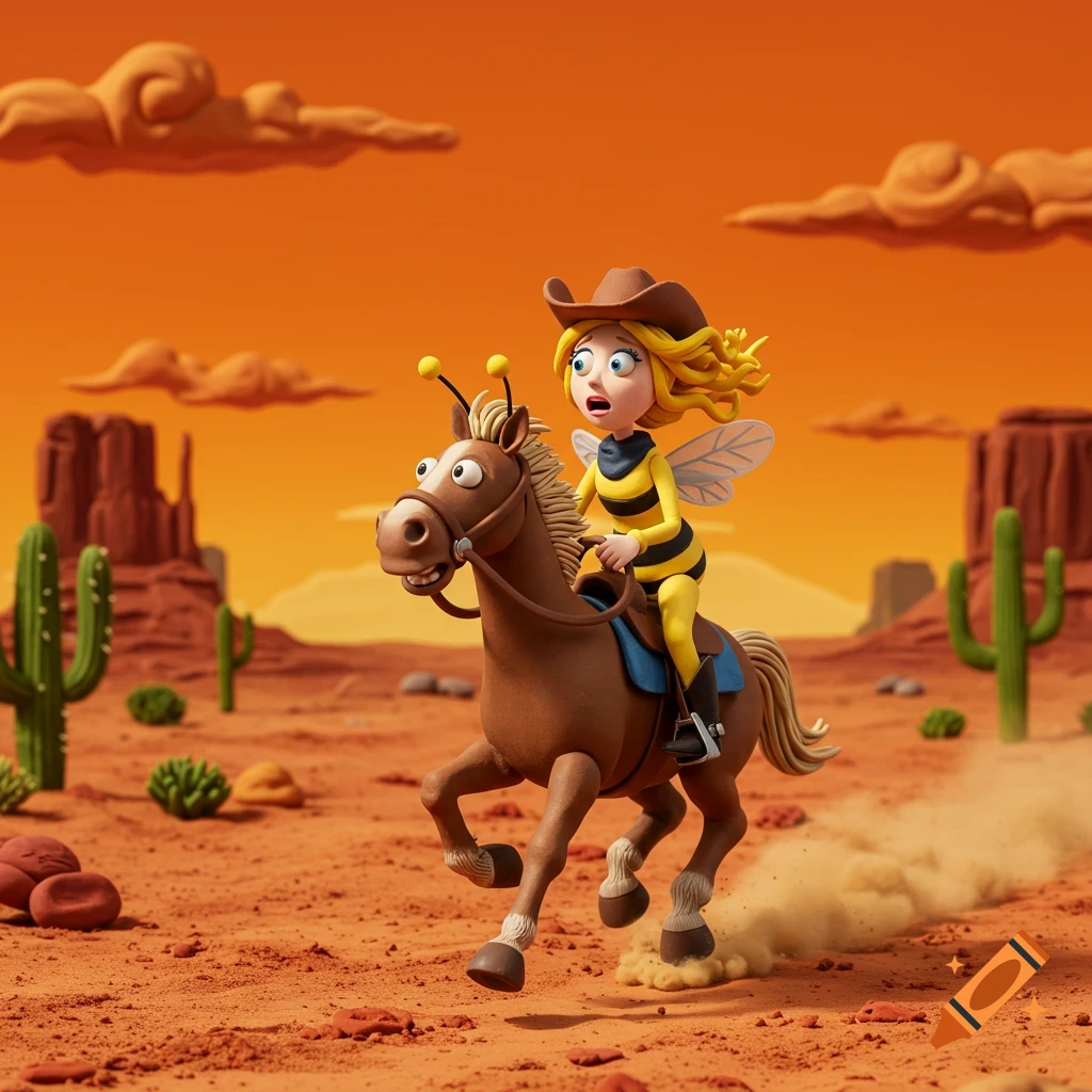 A claymation blonde bee cowgirl with a scared expression rides a galloping horse through a wild west desert.
