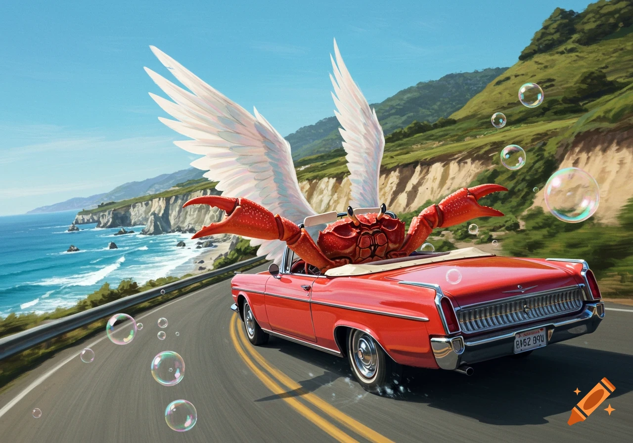 A red crab with large white angel wings drives a red convertible car along a winding coastal road, with bubbles floating by.