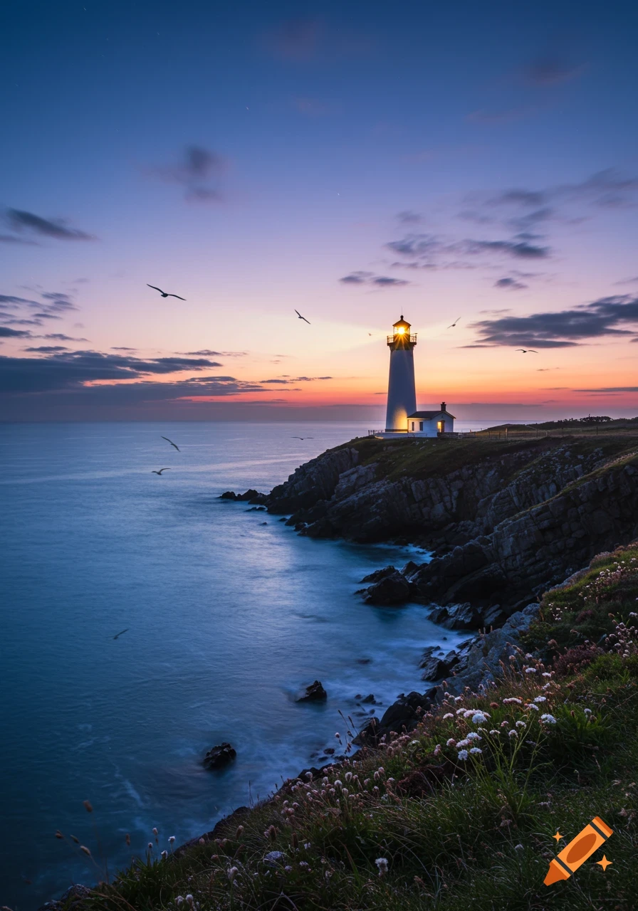 A white lighthouse stands on a rocky coastline overlooking the ocean at sunset, with birds flying in the vibrant sky.
