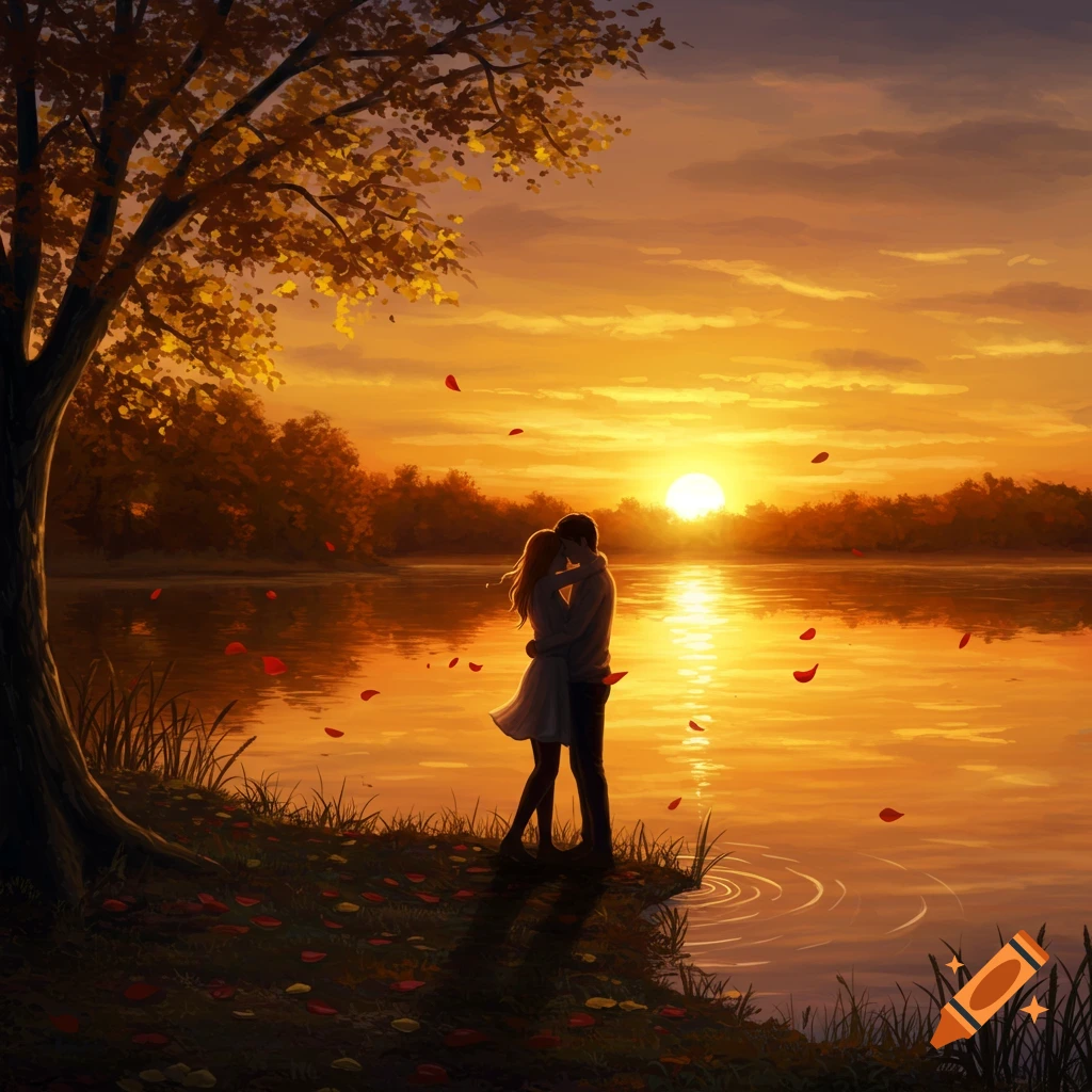 A couple embraces by a lake at sunset, bathed in golden light with falling autumn leaves, in a digital art style.