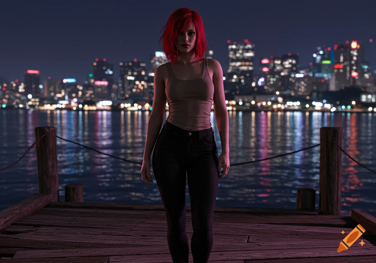 A woman with red hair in a tank top and black jeans stands on a wooden pier at night, with a city skyline reflecting in the water.