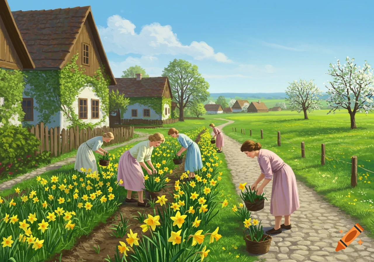 Women in a village planting yellow daffodils along a cobblestone path on a sunny day, illustration.