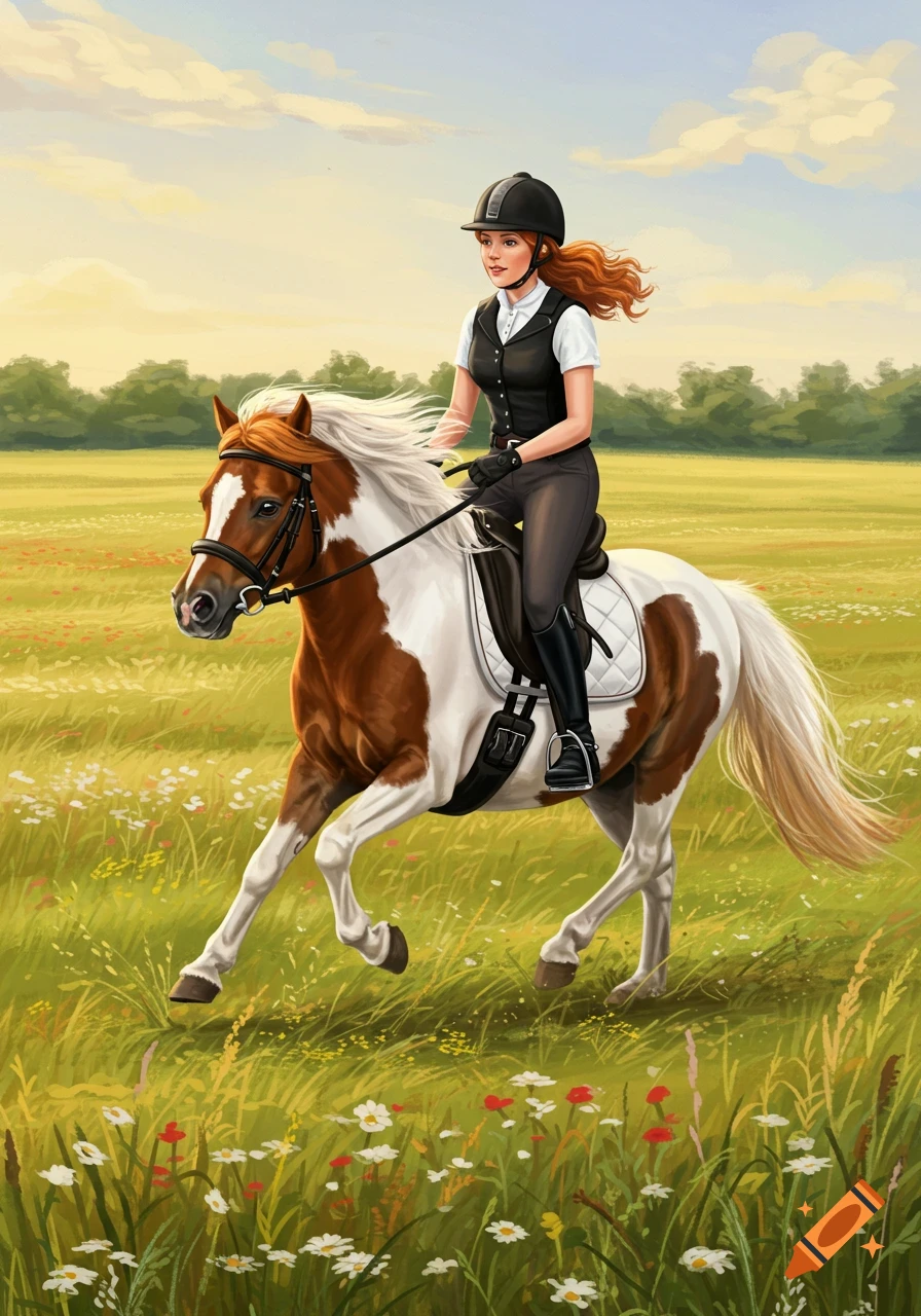 Illustrative painting of a red-haired rider on a spotted horse galloping through a sunny green field with wildflowers.