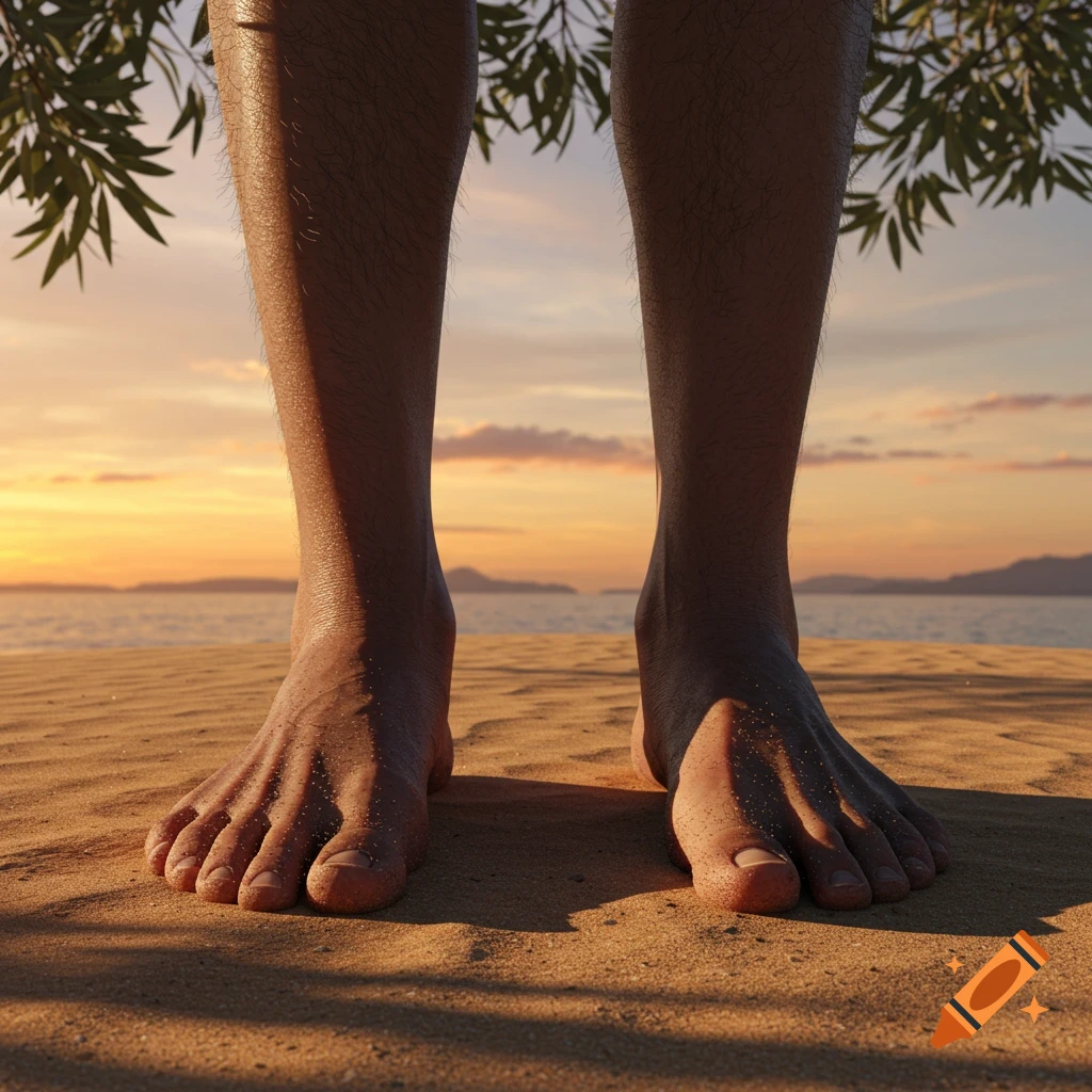 Close-up, low-angle view of a person's bare legs and feet standing on a sandy beach at sunset.