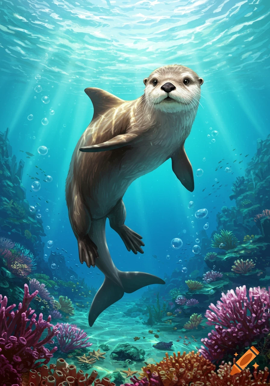 An otter-dolphin hybrid swims gracefully amidst colorful coral reefs in clear blue water, bathed in sunlight.