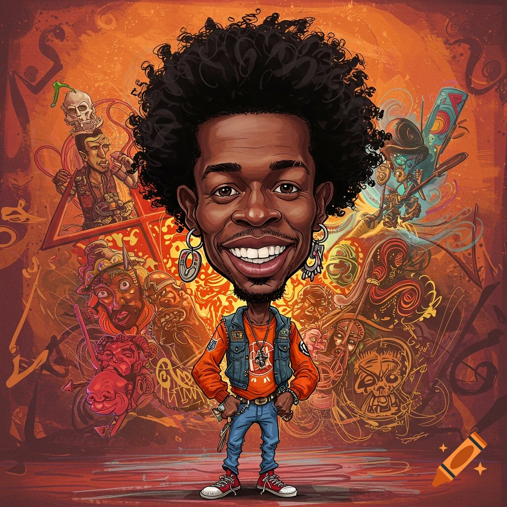 A vibrant caricature of a confident Black man with curly hair and a wide smile, wearing a denim vest and an orange shirt, against a colorful, graffiti-style background.