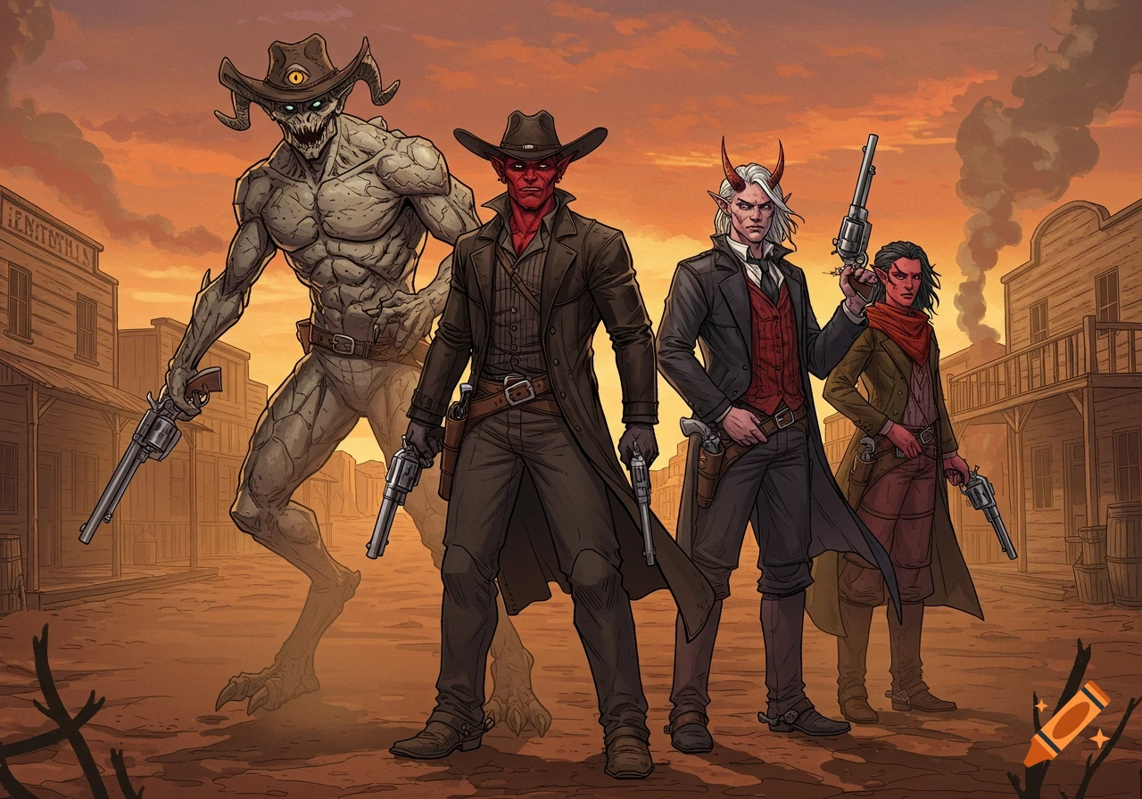 Four diverse bounty hunters, including a monster and horned humanoids, stand with revolvers in a dusty western town at sunset. Comic book style.