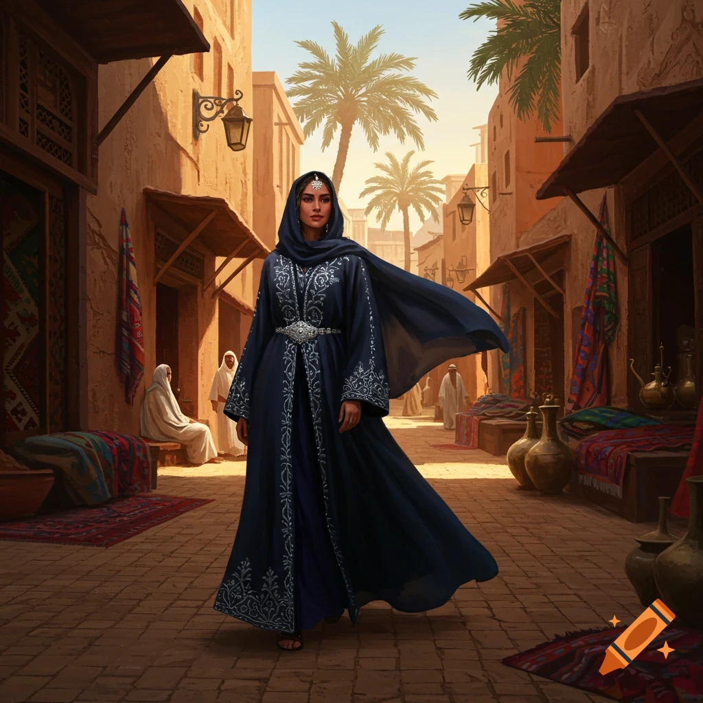 A woman in a navy blue embroidered abaya and headscarf walks down a sunny, traditional Middle Eastern market street with palm trees.