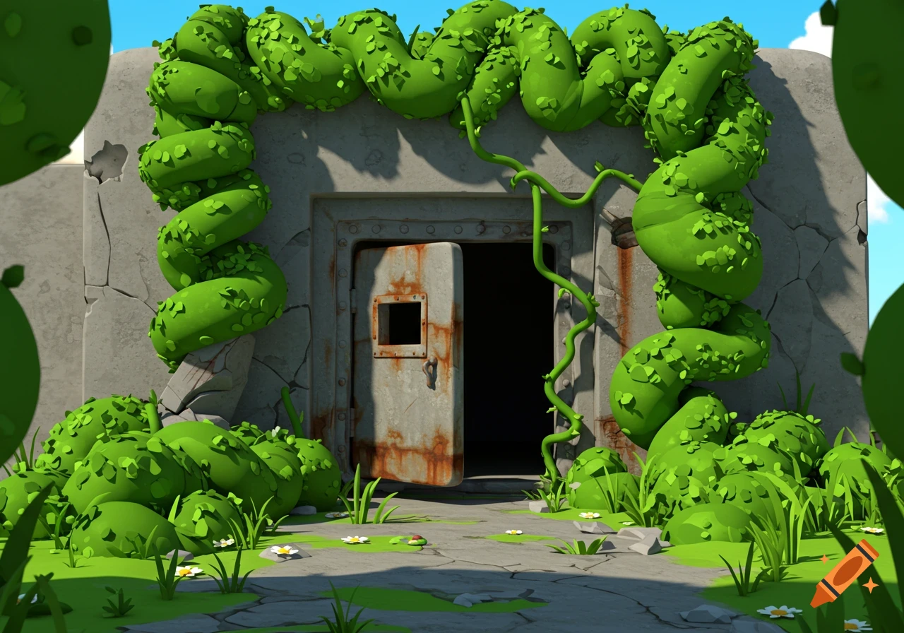 A 3D cartoon image of an abandoned concrete bunker entrance, covered in thick green vines and surrounded by bushes and small white flowers.