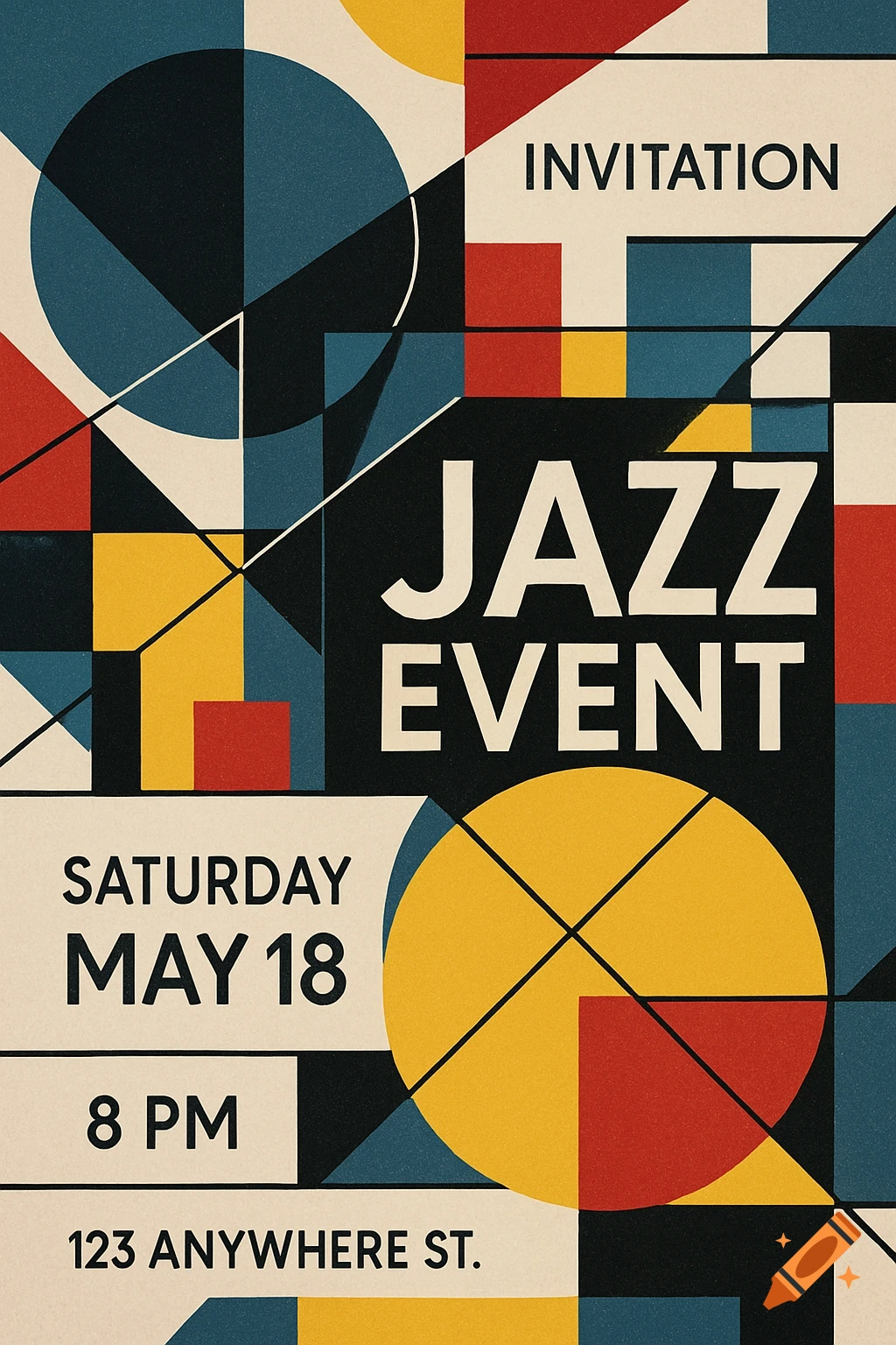 Bauhaus-style jazz event invitation poster with geometric shapes in black, red, yellow, and blue, with event details.