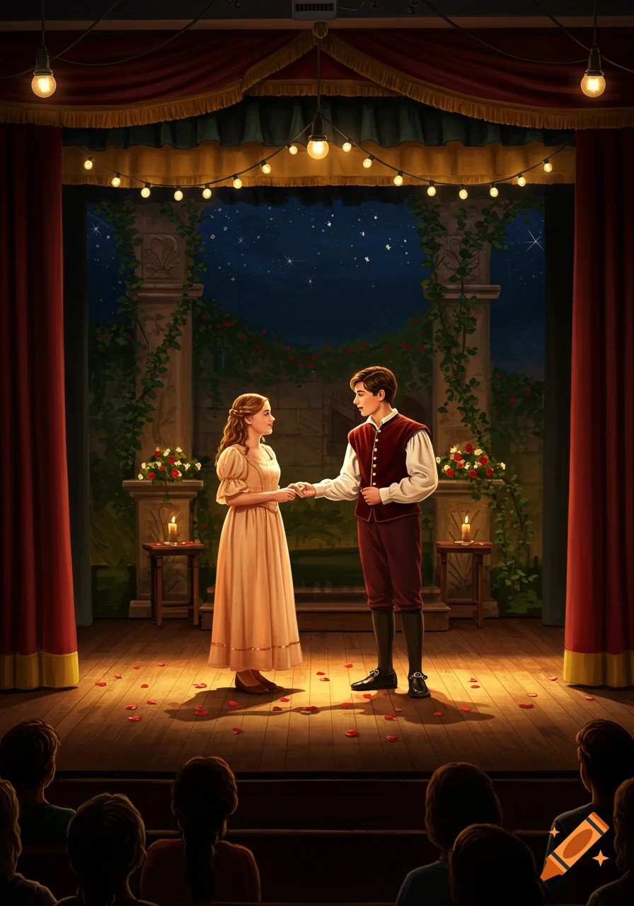 An illustration of a young man and woman on a theater stage, holding hands, with red curtains, string lights, and a starry night backdrop.