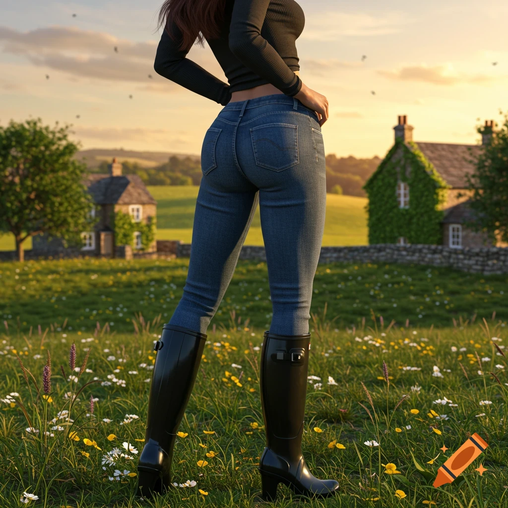 A woman in jeans, a black top, and black high-heeled rubber boots stands in a wildflower field at sunset, with rural houses behind her.