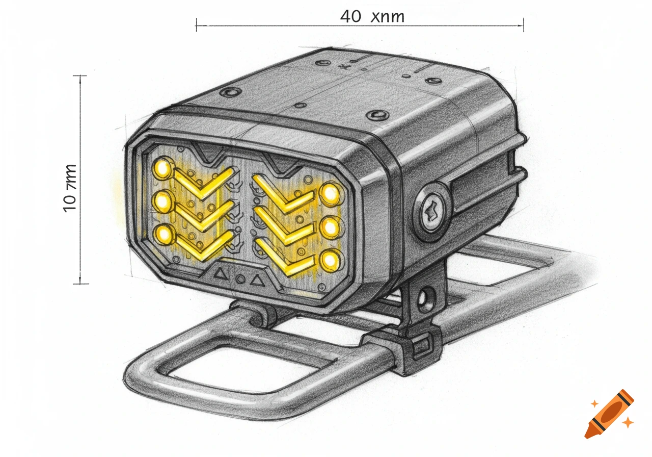 Pencil sketch of a rectangular module with yellow chevron-shaped LED arrays and dimension lines.