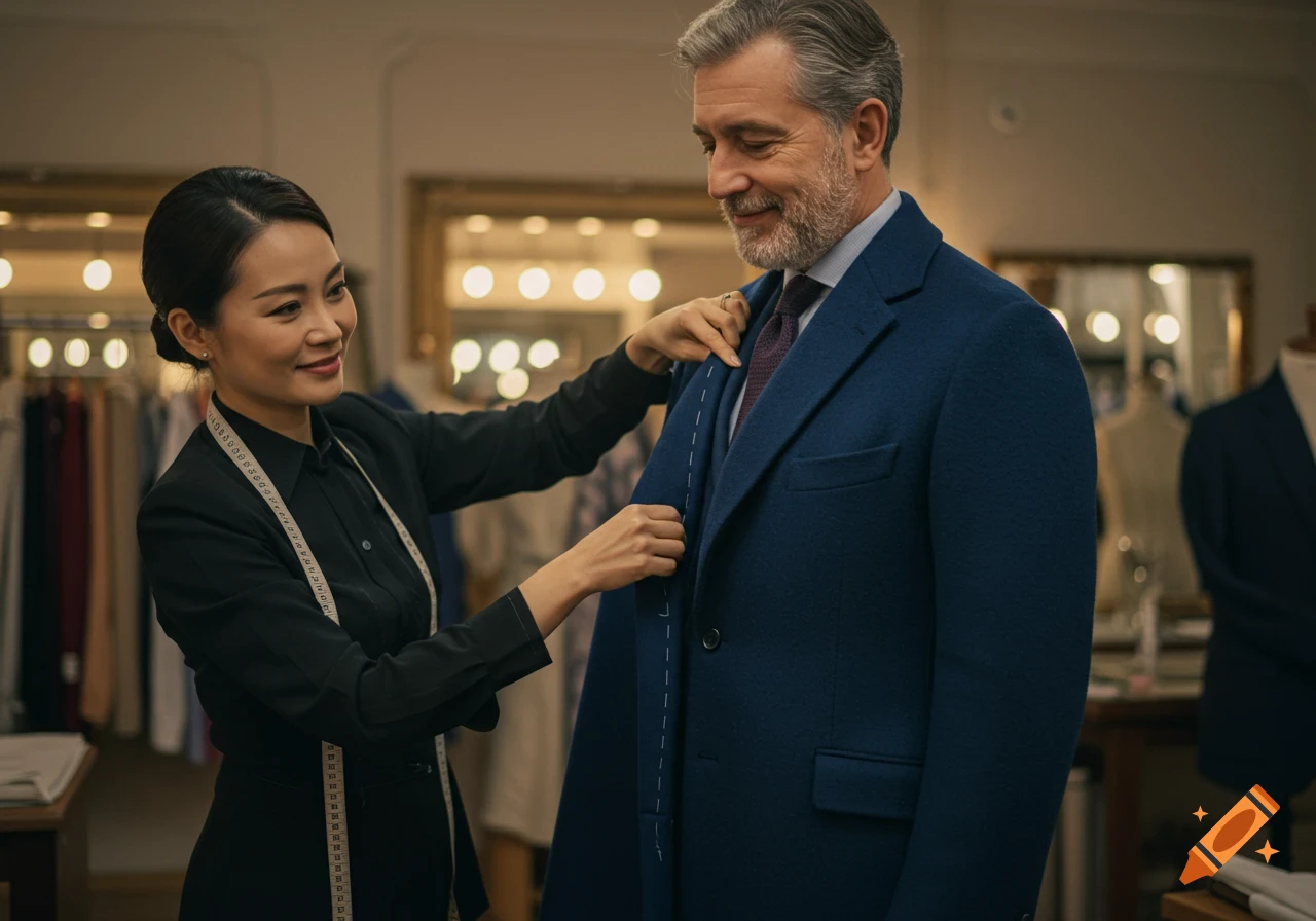 A female tailor in a black uniform measures a man in a blue coat in a luxury studio, photorealistic style.