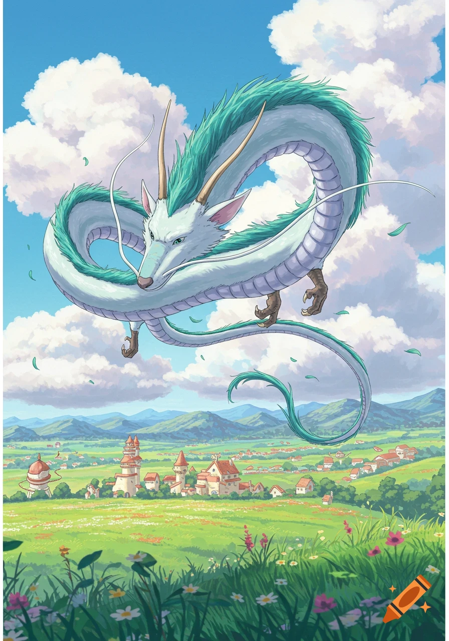 A white serpentine dragon with a green mane flies over a picturesque green valley and village under a blue sky, in a Ghibli anime style.