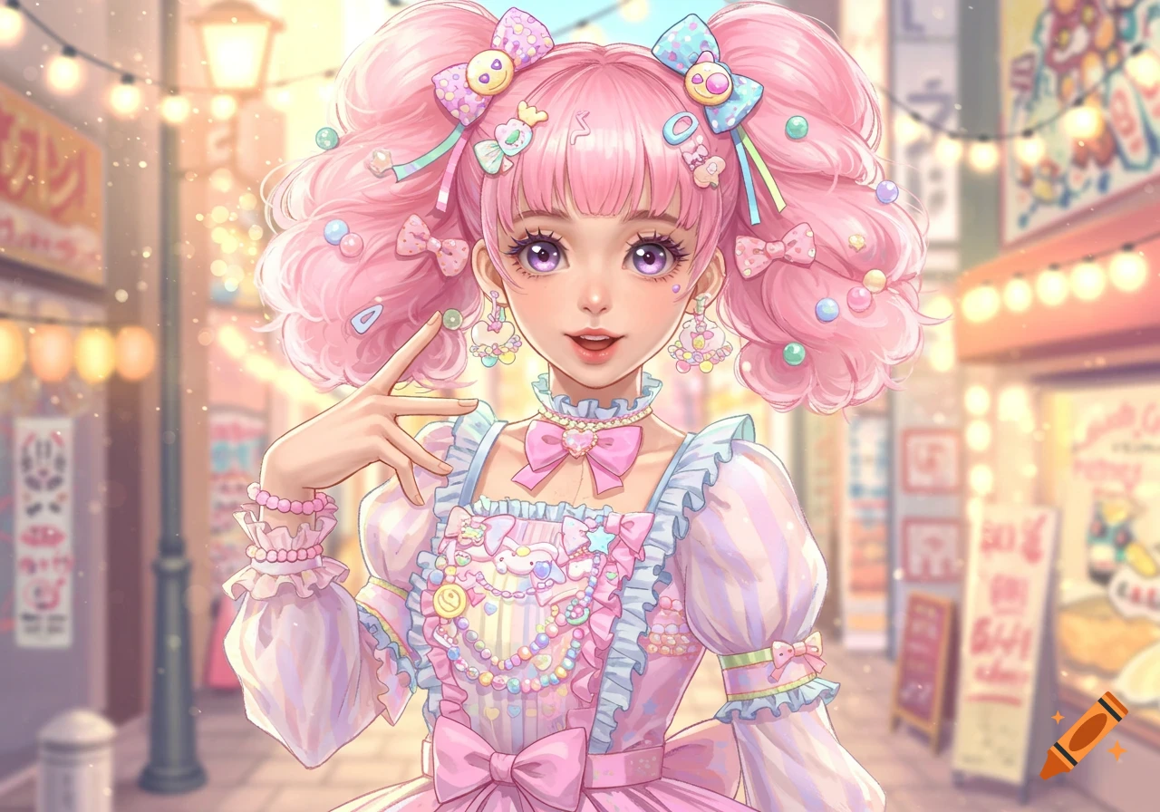 A cheerful girl with pink pigtails adorned with bows and candy, wearing a frilly pastel Decora Kei dress on a blurred street.