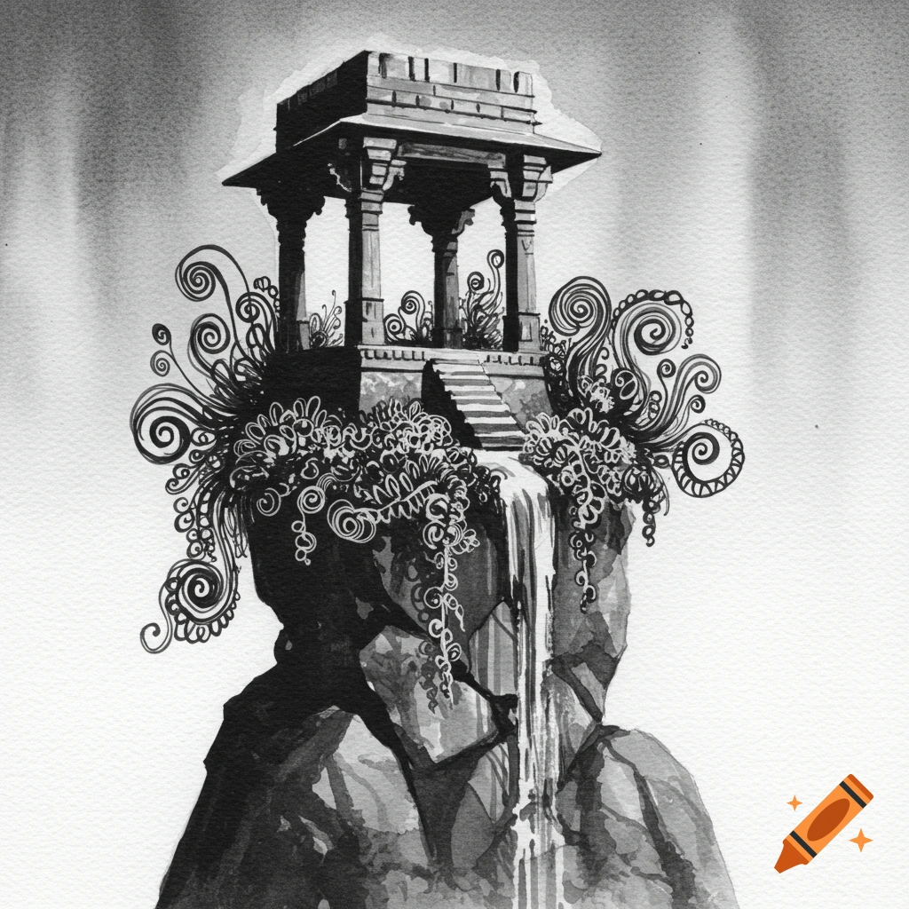 Black and white watercolor of an Indian pavilion on a tall rock with a waterfall and swirling, imaginary vegetation.