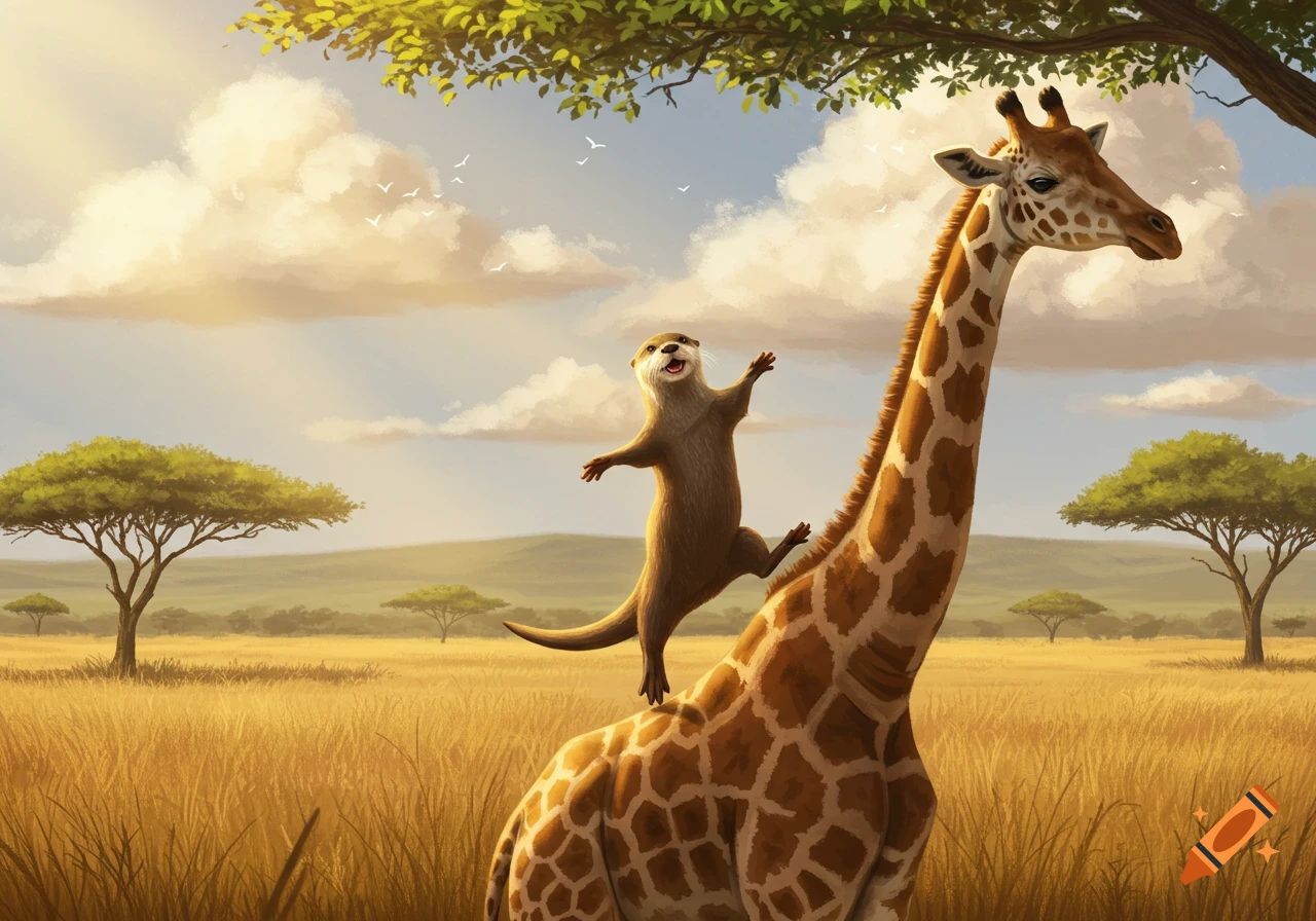 A cheerful otter stands on a giraffe's back in a sunlit savanna with acacia trees and clouds.