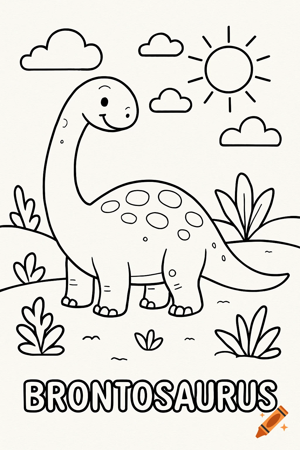 A cute black and white outline drawing of a smiling brontosaurus on a coloring page, with the text 'BRONTOSAURUS' below it.