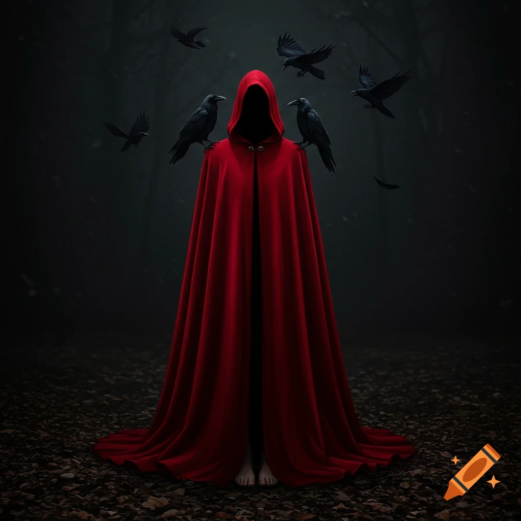 Hooded figure in a long red cape with bare feet standing in a dark forest, surrounded by black crows.