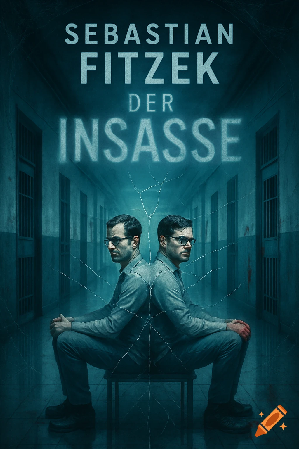 A book cover for 'Der Insasse' by Sebastian Fitzek, featuring a man mirrored back-to-back in a gloomy, bluish prison hallway with spiderwebs and cracked glass effects.